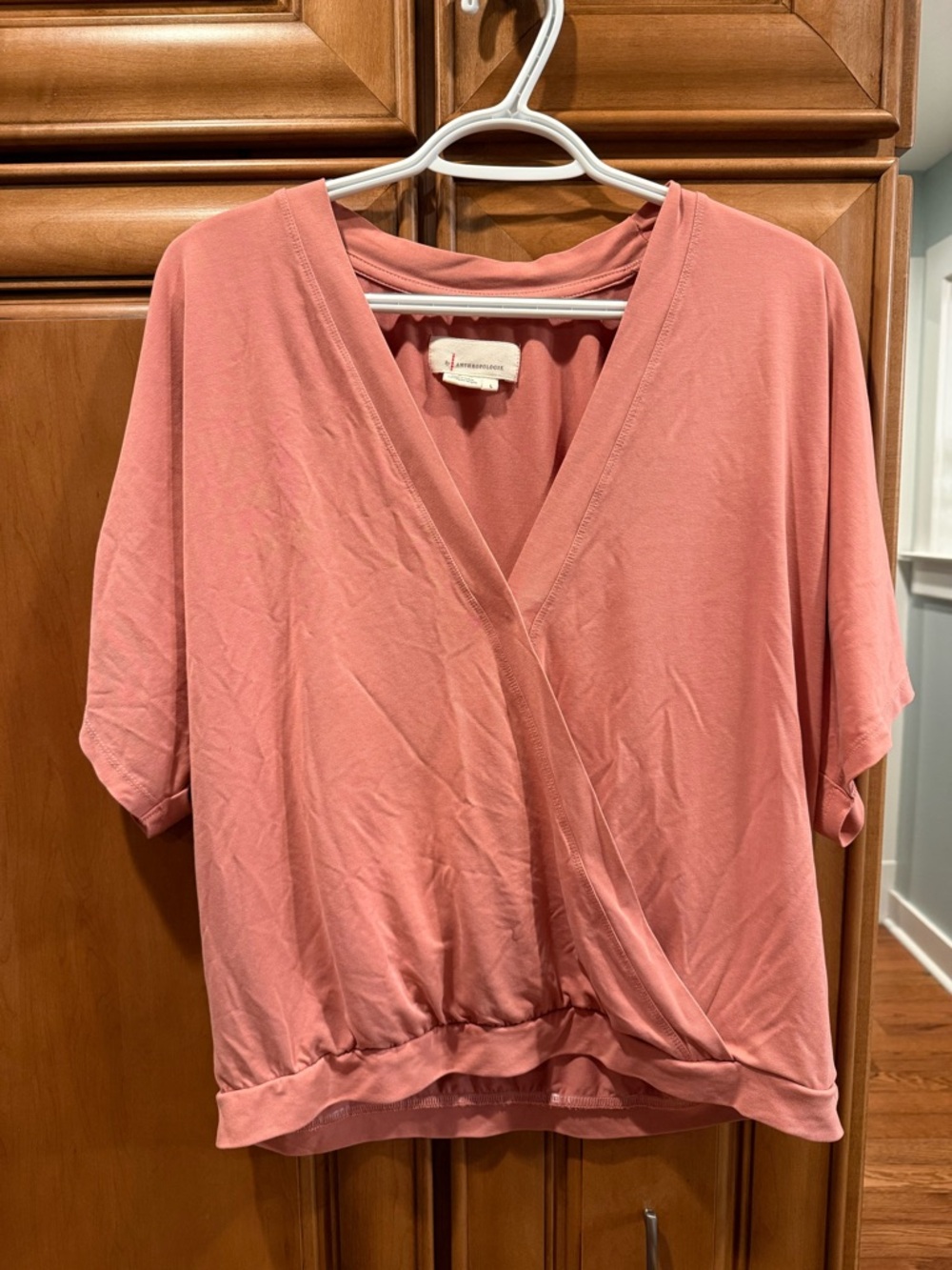 Anthropologie pink V-neck short sleeved blouse size large